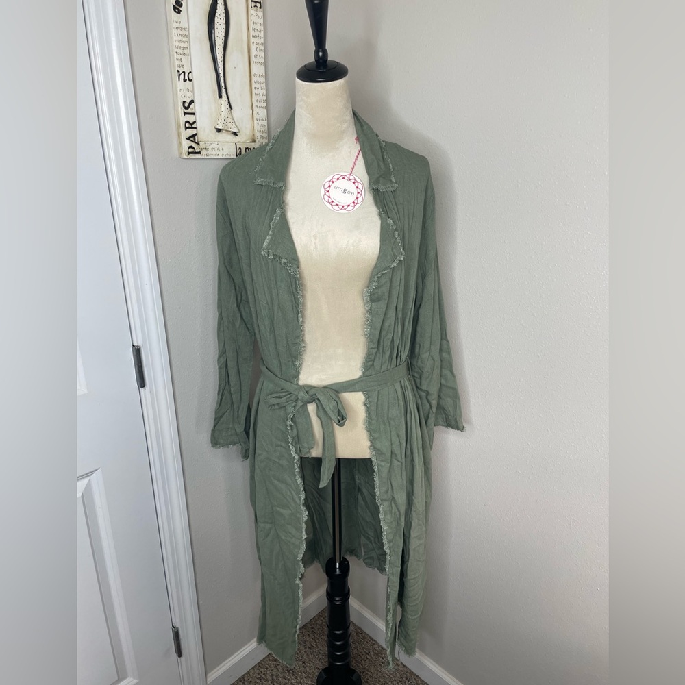 Umgee Linen Blend Duster Cardigan Sage Green Boho Tie Waist NWT Size S